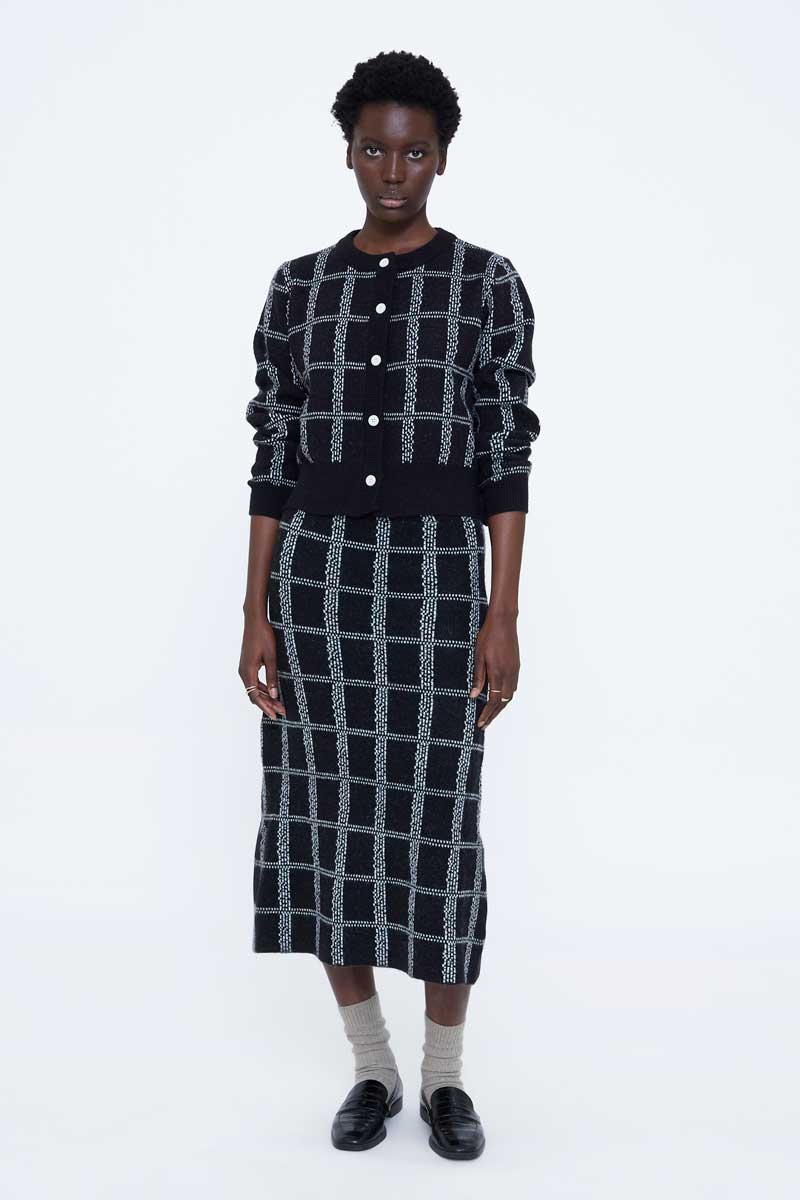 Black and White Checked Knit Midi Skirt