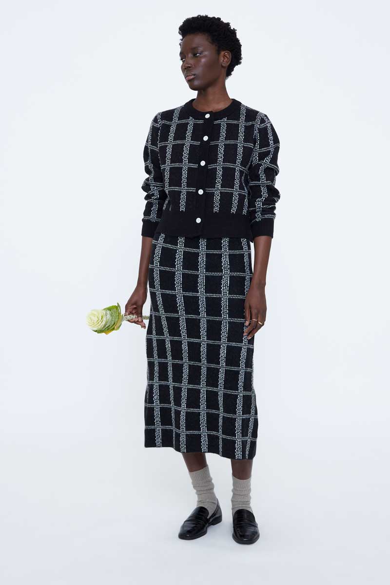 Black and White Checked Knit Midi Skirt