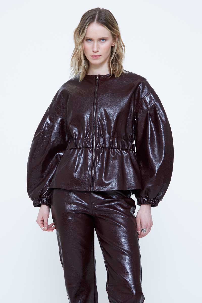 Burgundy Synthetick Leather Bomber Jacket