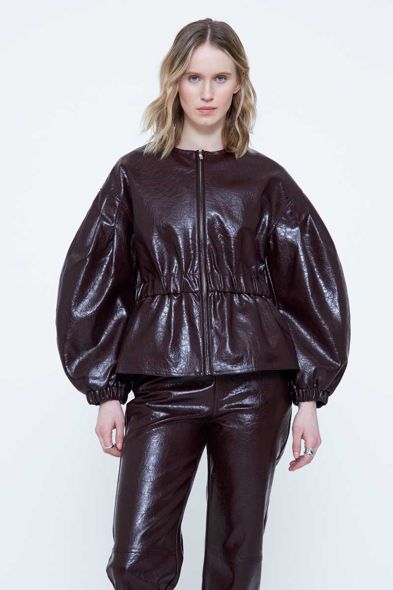 Burgundy Synthetick Leather Bomber Jacket