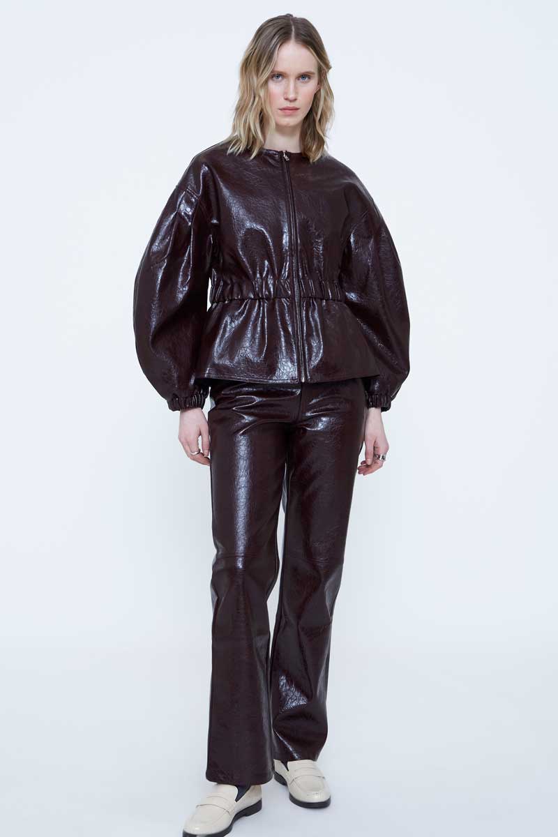 Burgundy Synthetick Leather Bomber Jacket