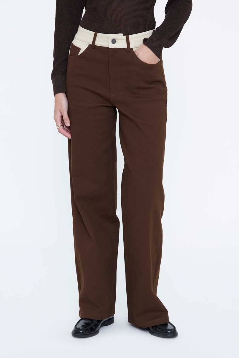 Brown Straight-Leg Trousers with Cream Contrast Details