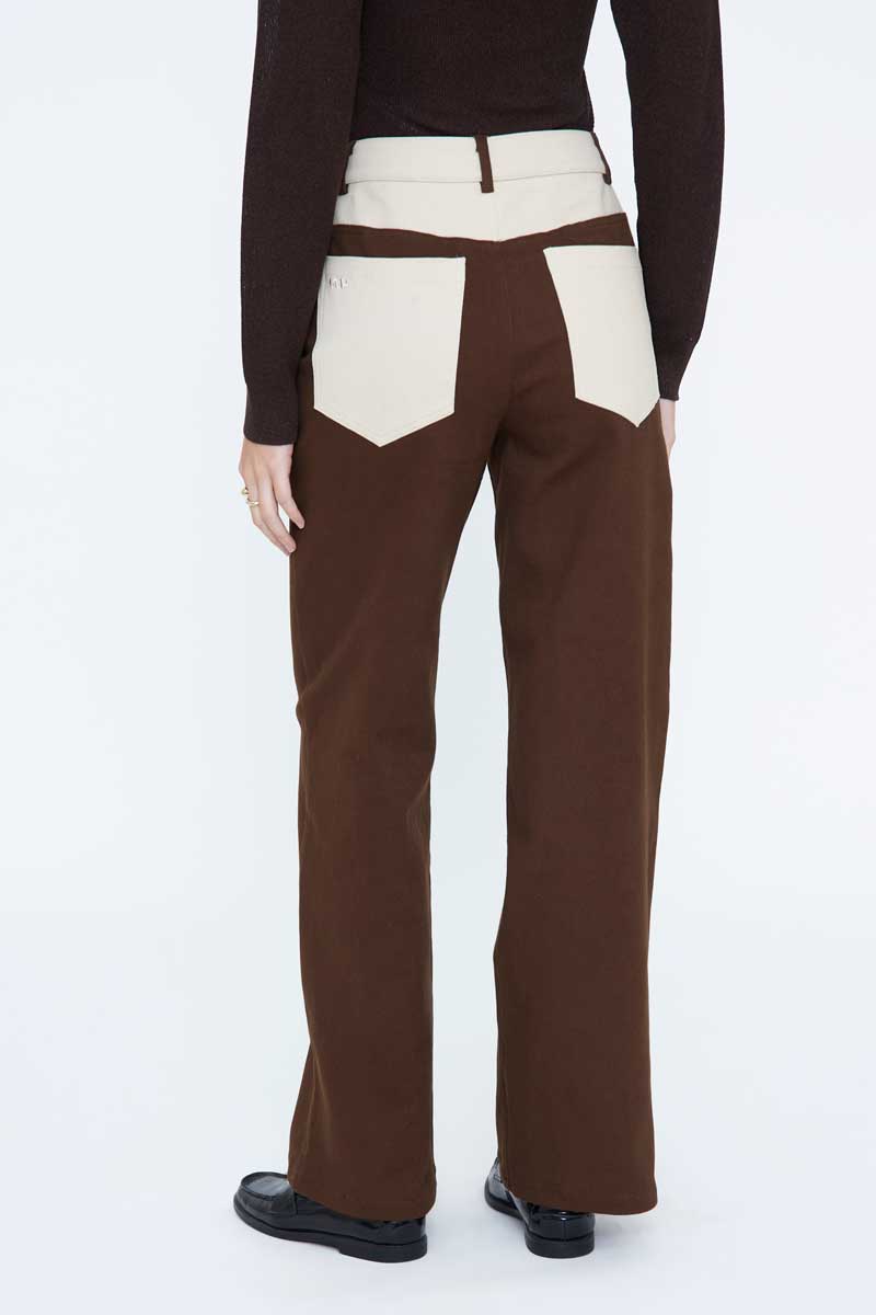 Brown Straight-Leg Trousers with Cream Contrast Details