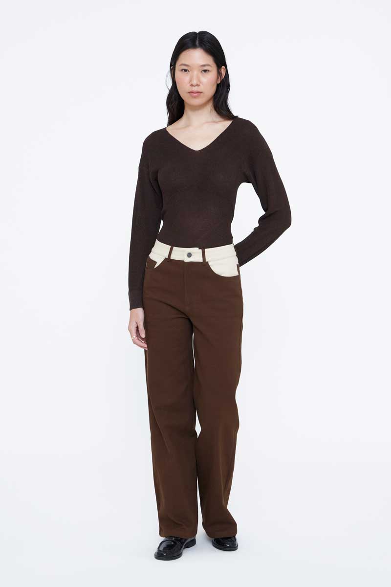 Brown Straight-Leg Trousers with Cream Contrast Details