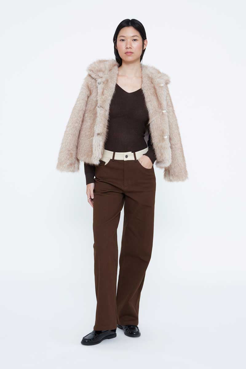 Brown Straight-Leg Trousers with Cream Contrast Details