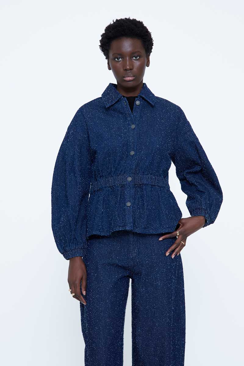 Navy Peplum Jacket with Gathered Waist
