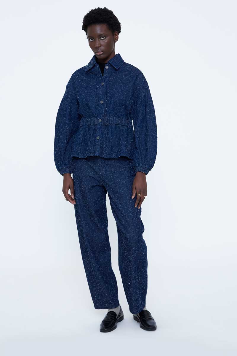 Navy Peplum Jacket with Gathered Waist