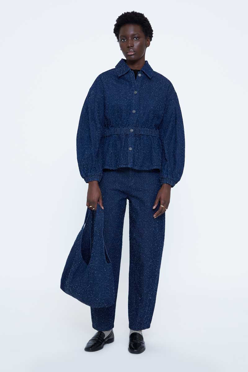 Navy Peplum Jacket with Gathered Waist