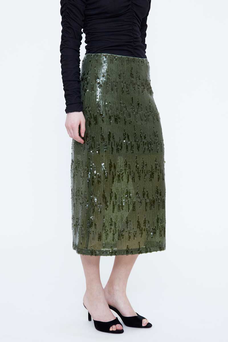 Olive Green Sequin Midi Skirt