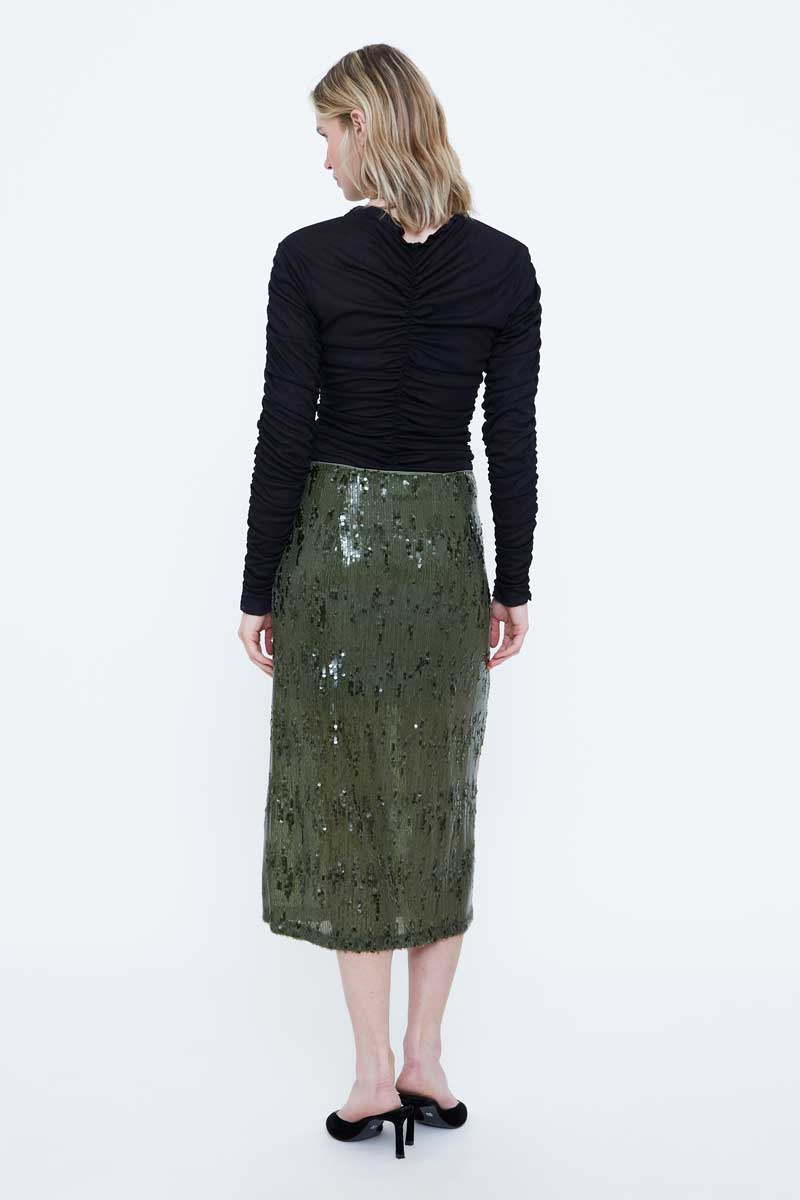 Olive Green Sequin Midi Skirt
