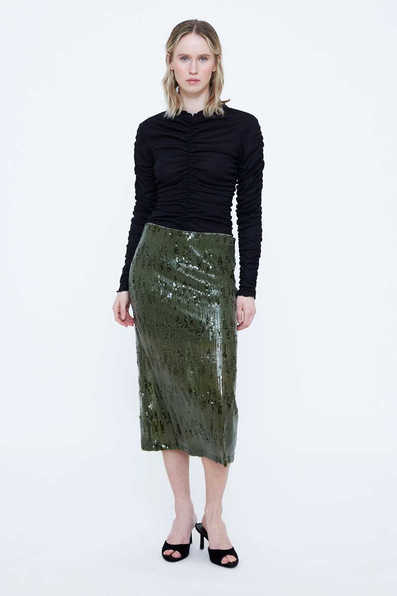 Olive Green Sequin Midi Skirt