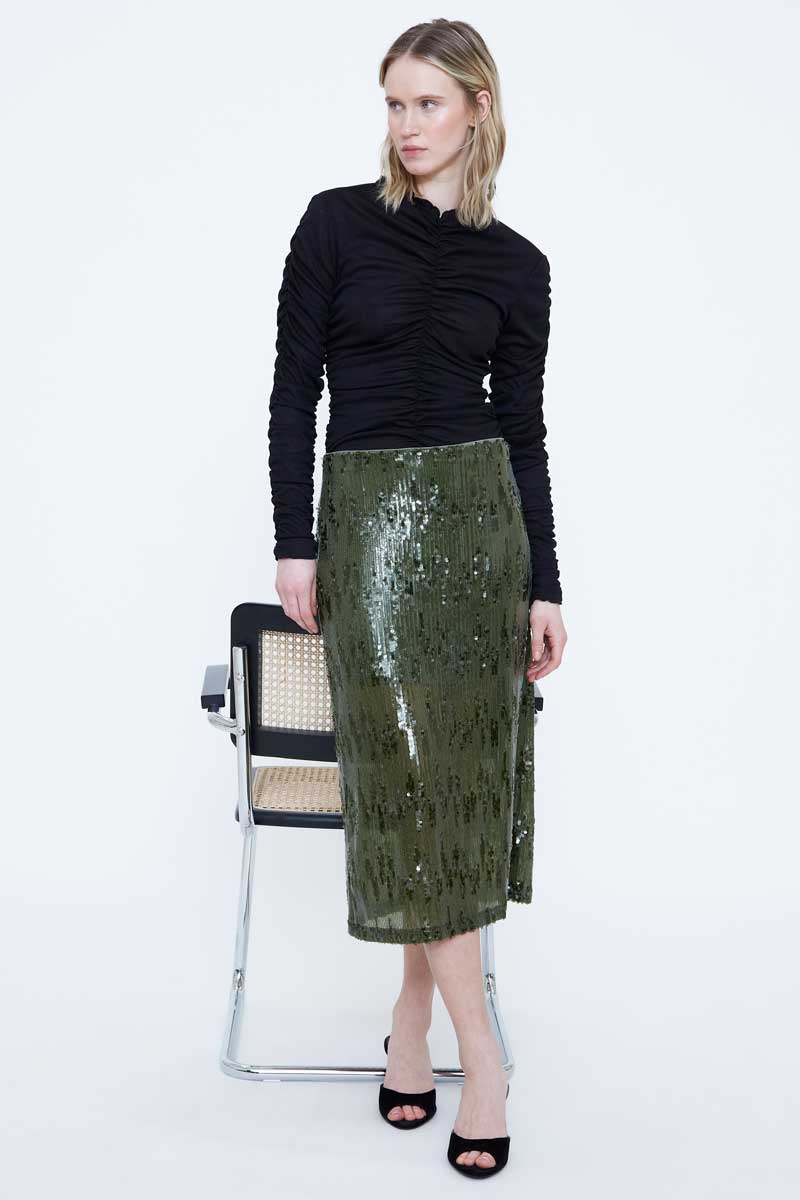 Olive Green Sequin Midi Skirt