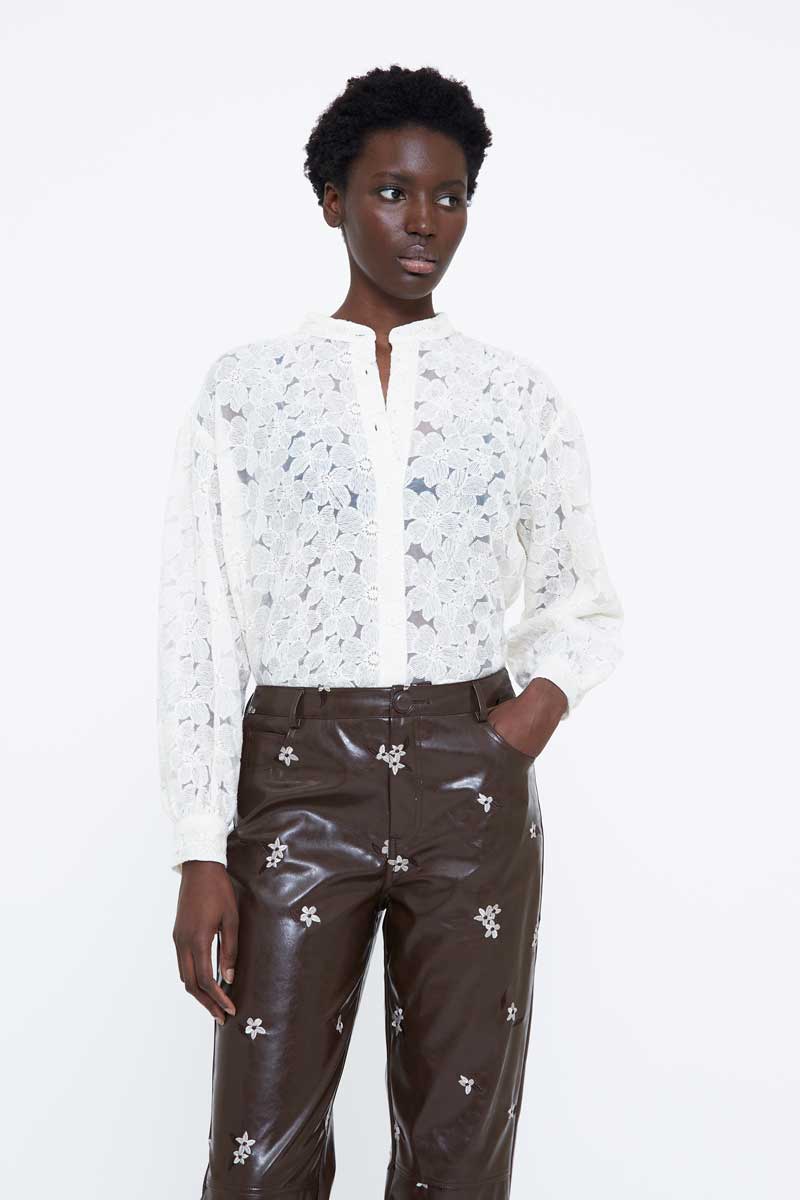 Off-White Cotton Blend Shirt with Delicate Floral Embroidery