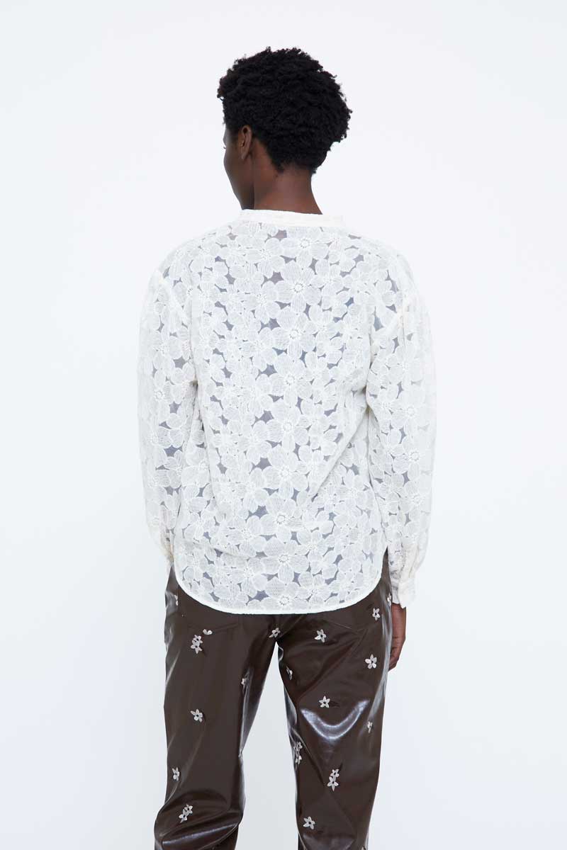 Off-White Cotton Blend Shirt with Delicate Floral Embroidery