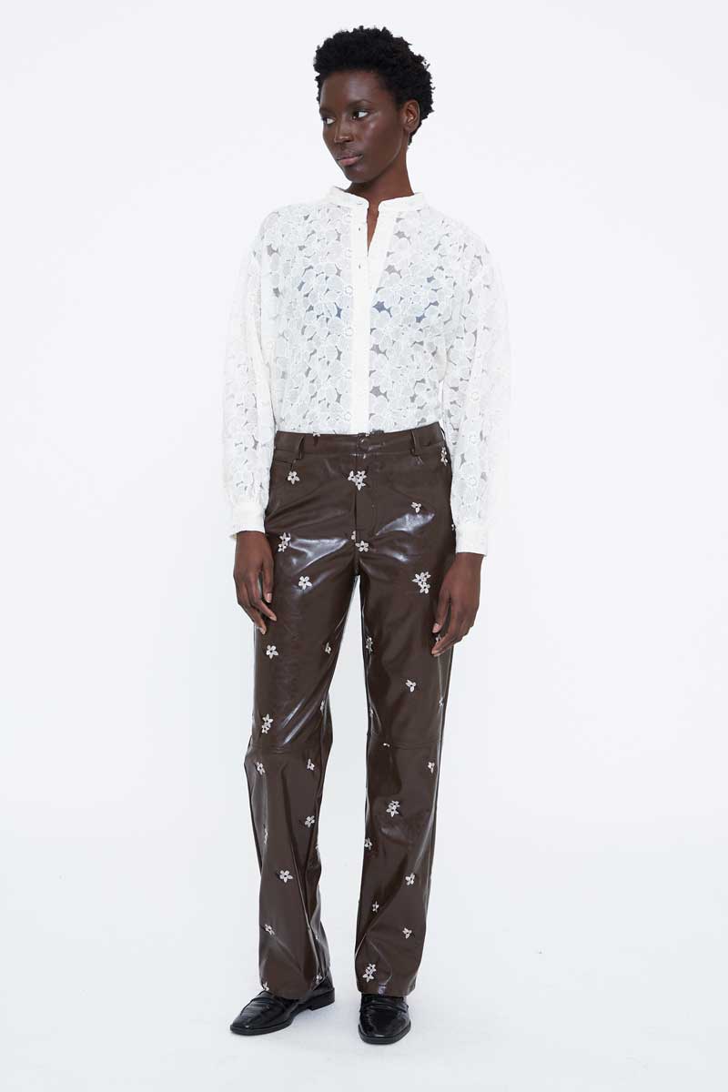 Off-White Cotton Blend Shirt with Delicate Floral Embroidery