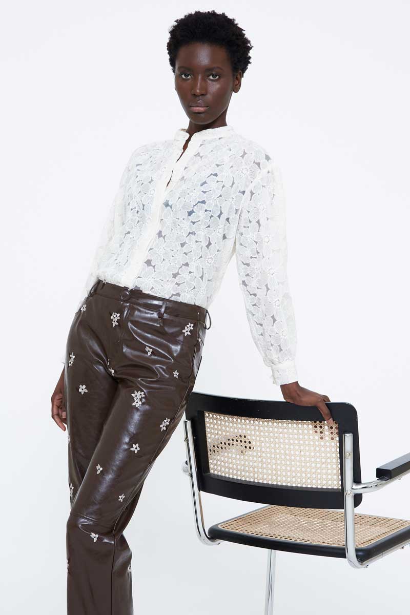 Off-White Cotton Blend Shirt with Delicate Floral Embroidery