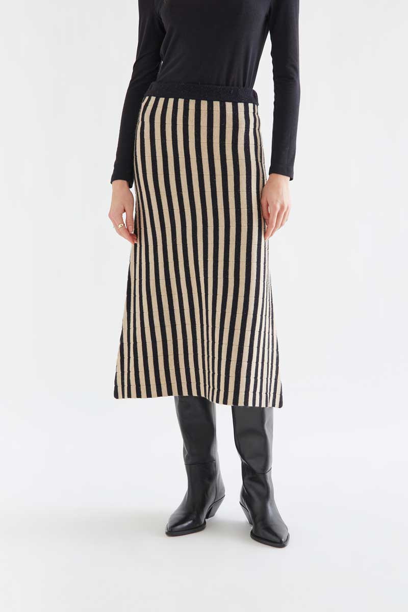 Black & Beige Striped Knit Midi Skirt