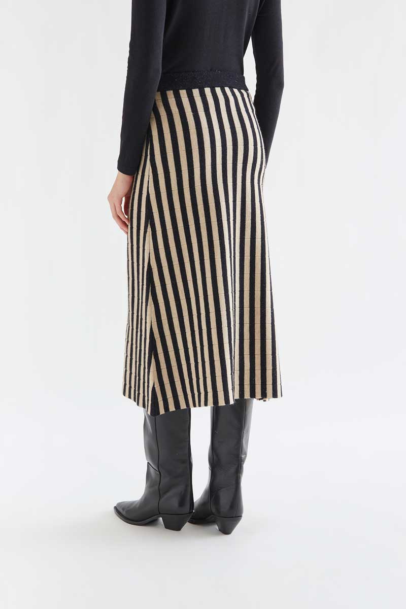 Black & Beige Striped Knit Midi Skirt