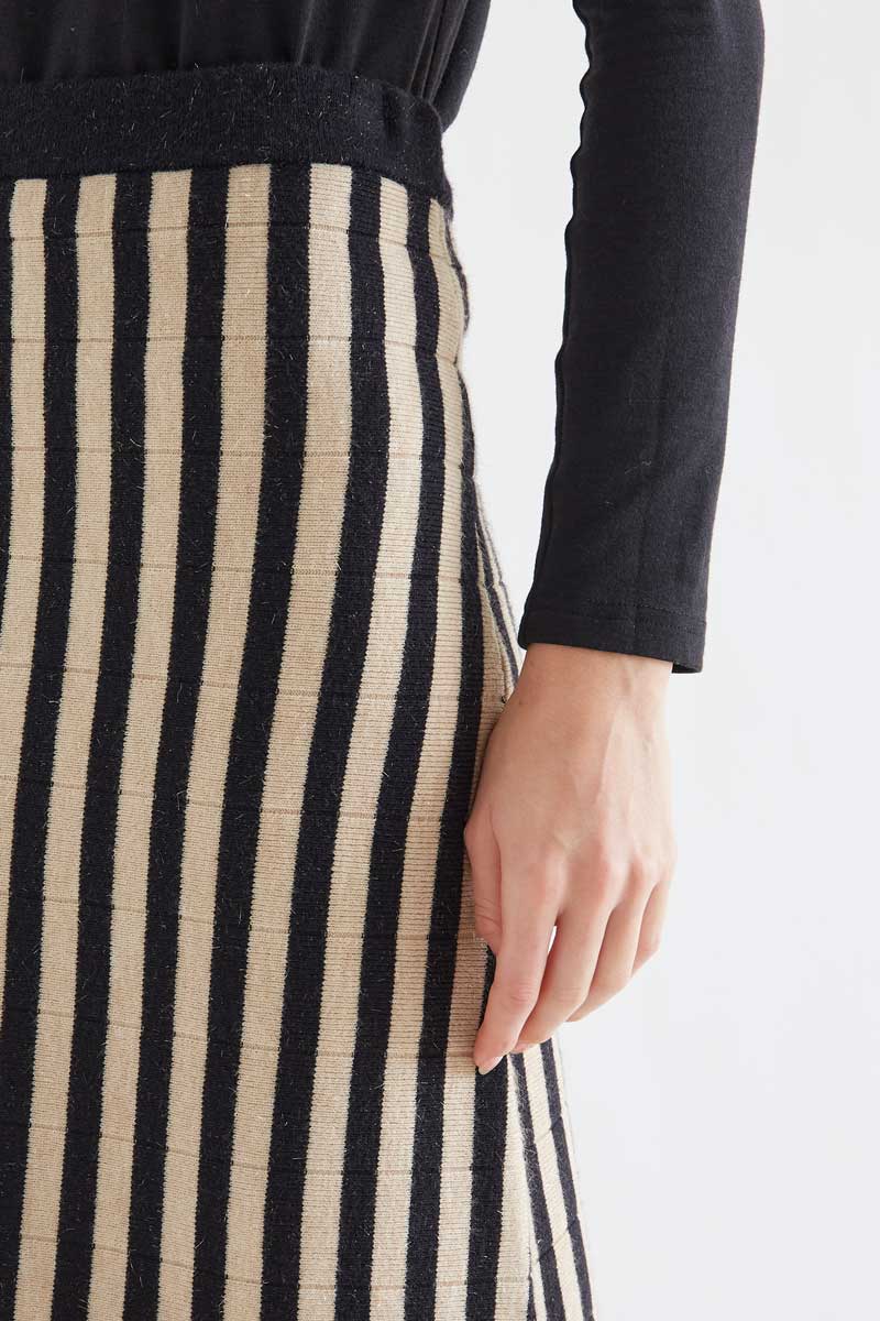Black & Beige Striped Knit Midi Skirt