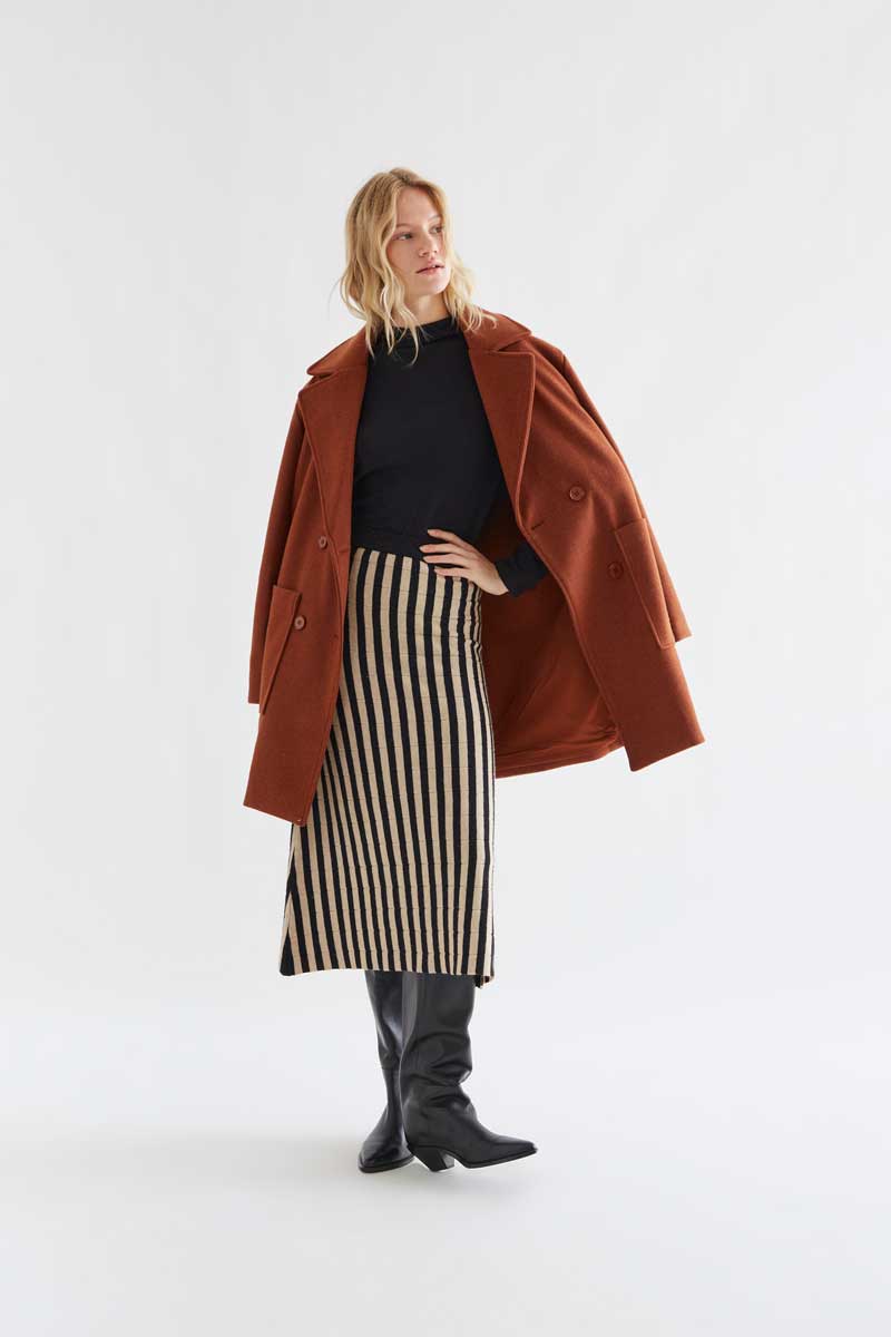 Black & Beige Striped Knit Midi Skirt