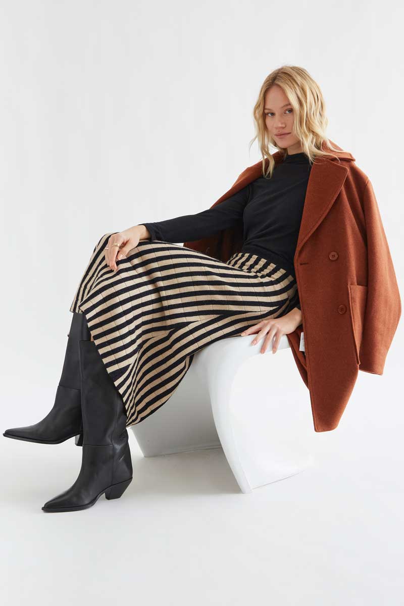Black & Beige Striped Knit Midi Skirt