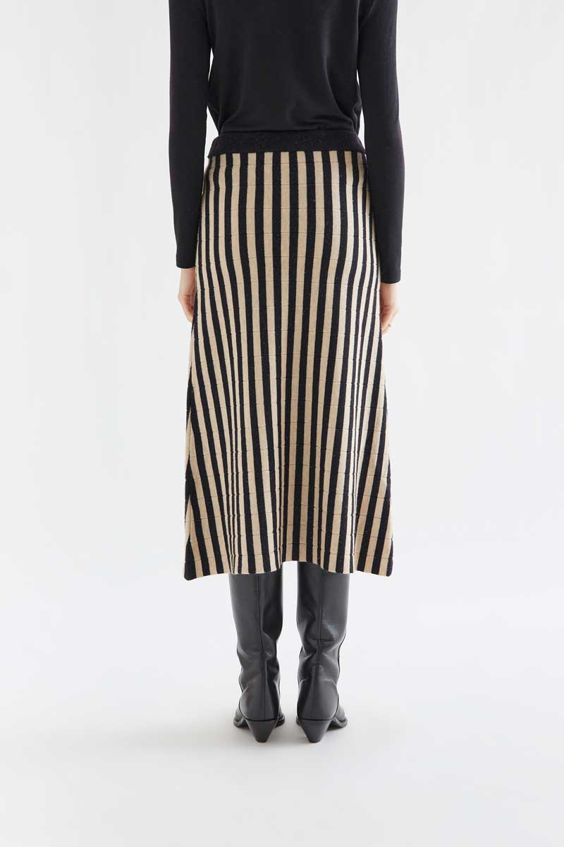 Black & Beige Striped Knit Midi Skirt