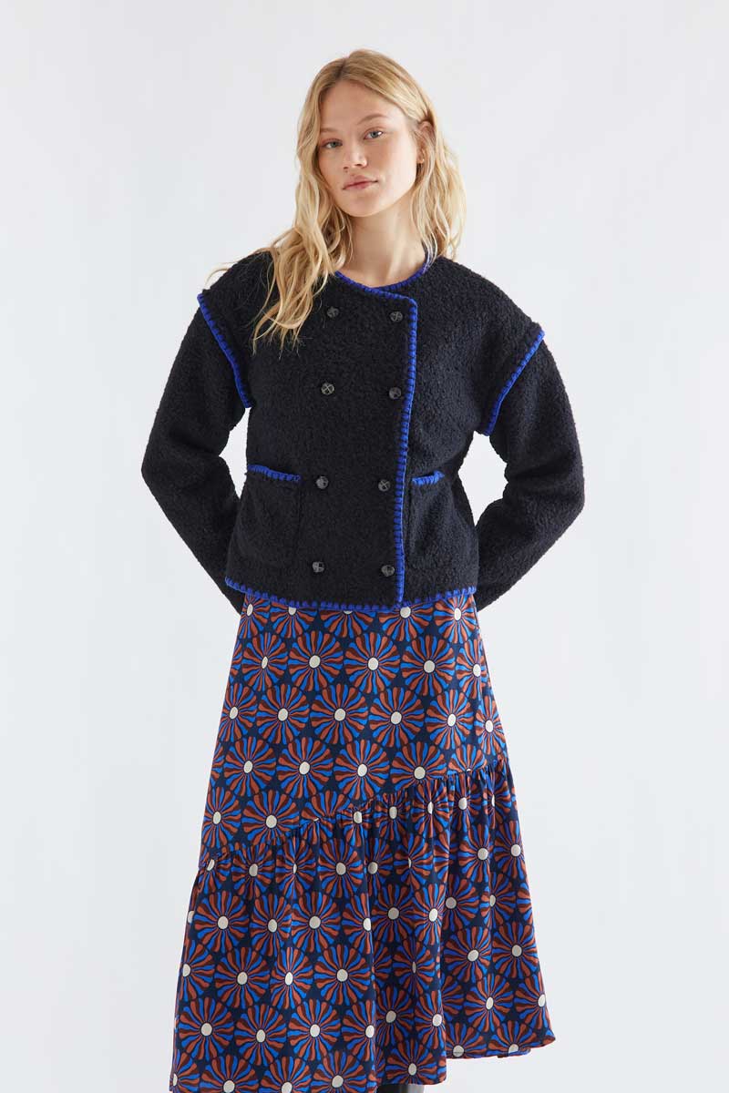 Black Textured Jacket with Cobalt Blue Trim