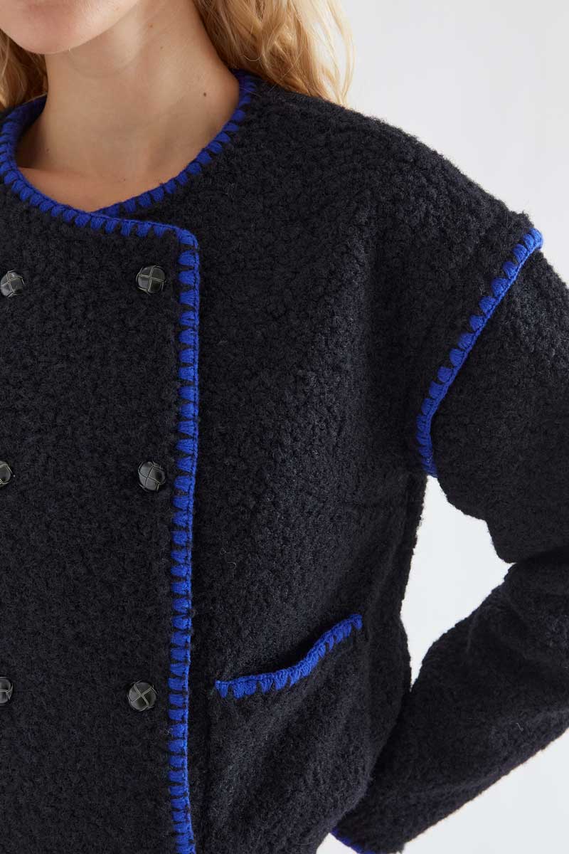 Black Textured Jacket with Cobalt Blue Trim