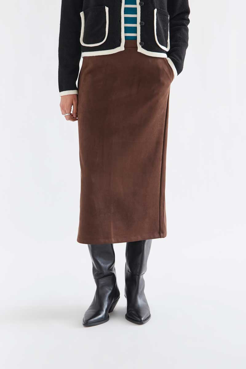 Brown Suede-Look Midi Skirt