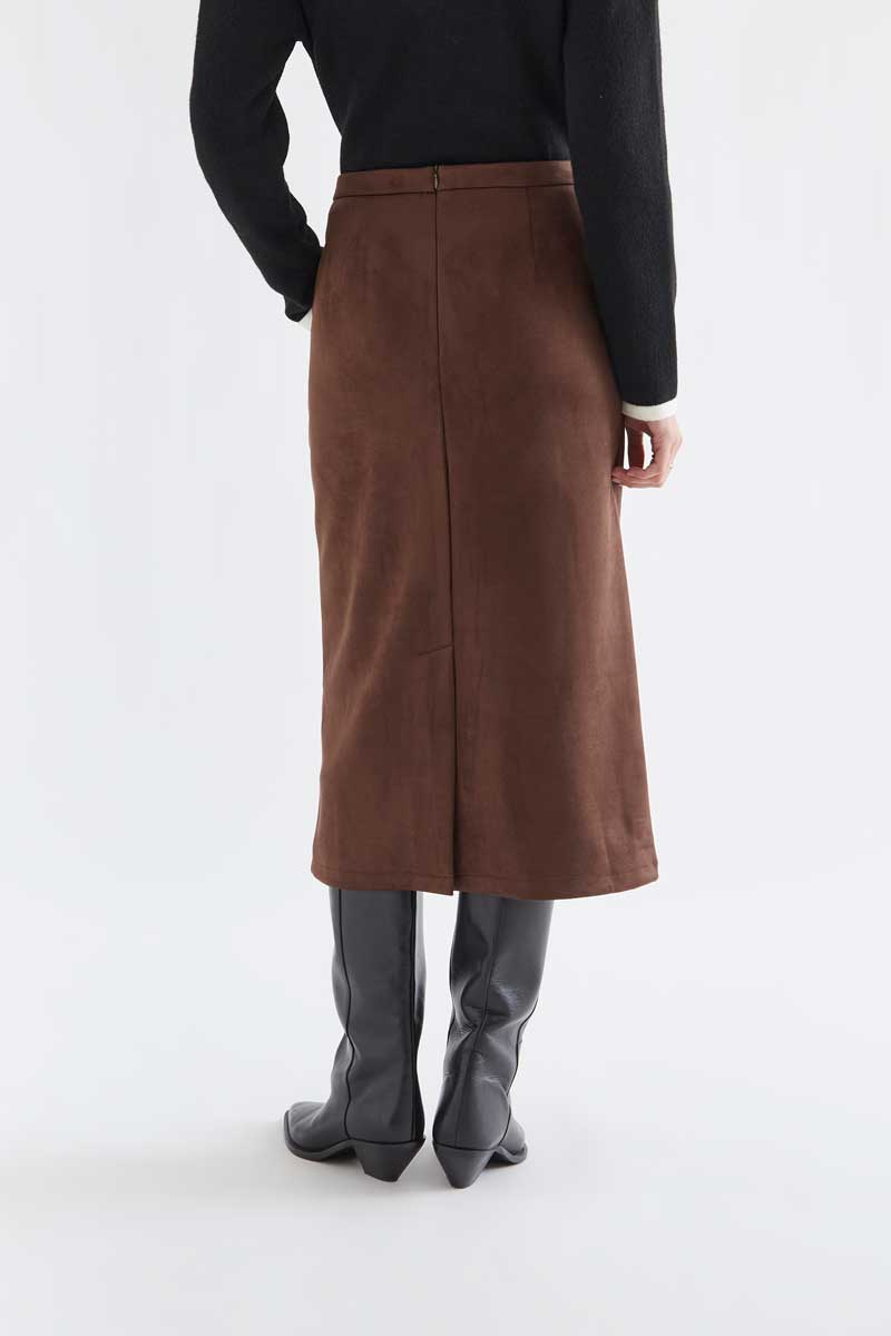 Brown Suede-Look Midi Skirt