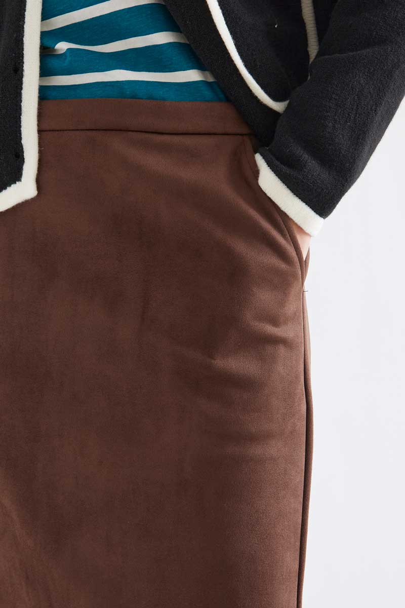 Brown Suede-Look Midi Skirt
