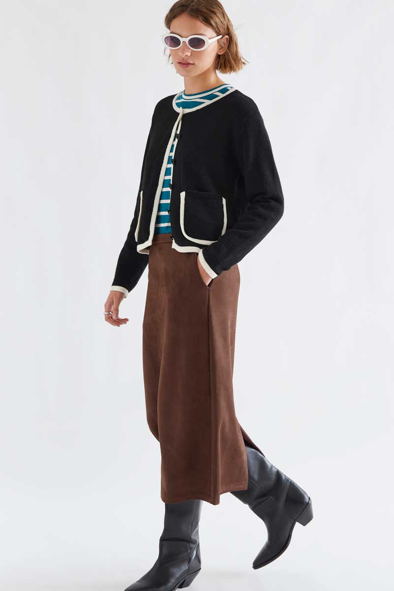 Brown Suede-Look Midi Skirt
