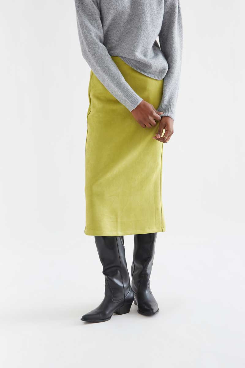 Chartreuse Suede-Look Midi Skirt