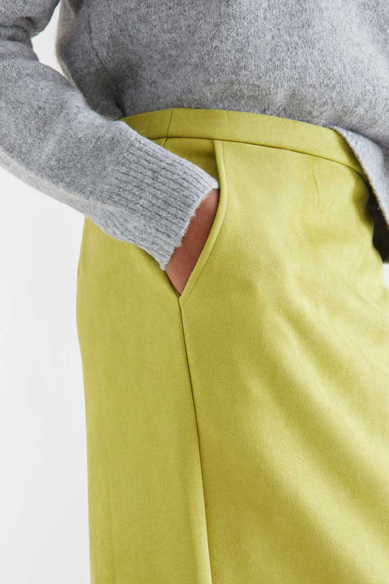 Chartreuse Suede-Look Midi Skirt