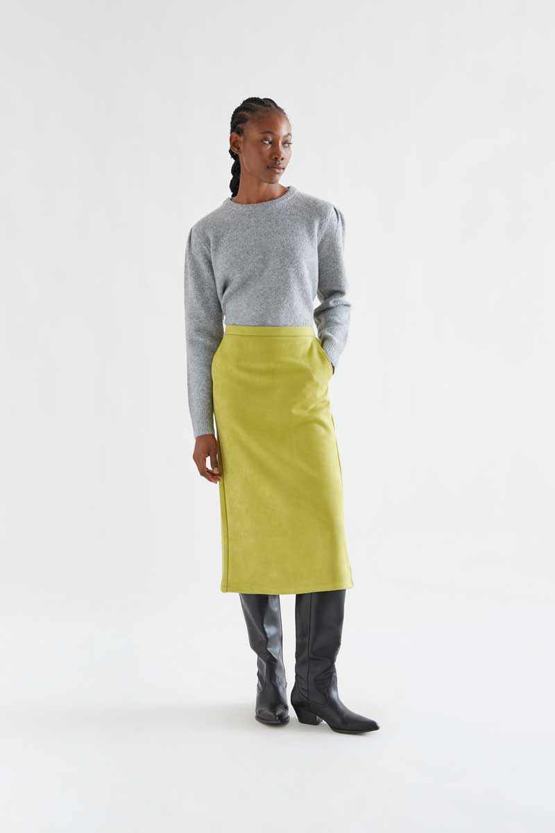 Chartreuse Suede-Look Midi Skirt