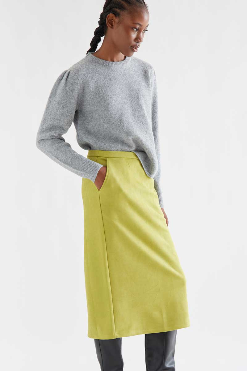 Chartreuse Suede-Look Midi Skirt