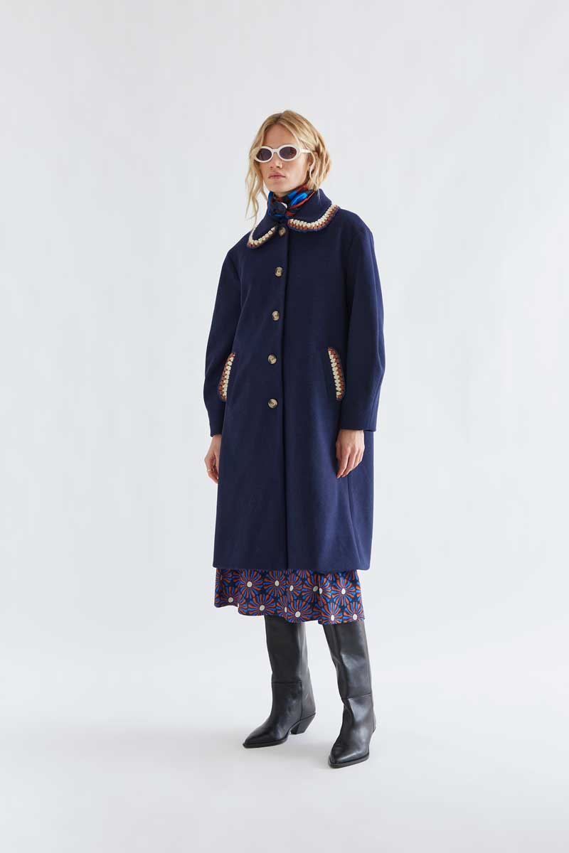 Navy Coat with Crochet Trim