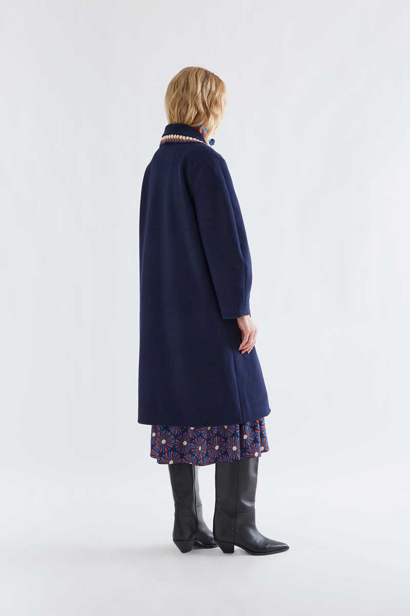 Navy Coat with Crochet Trim