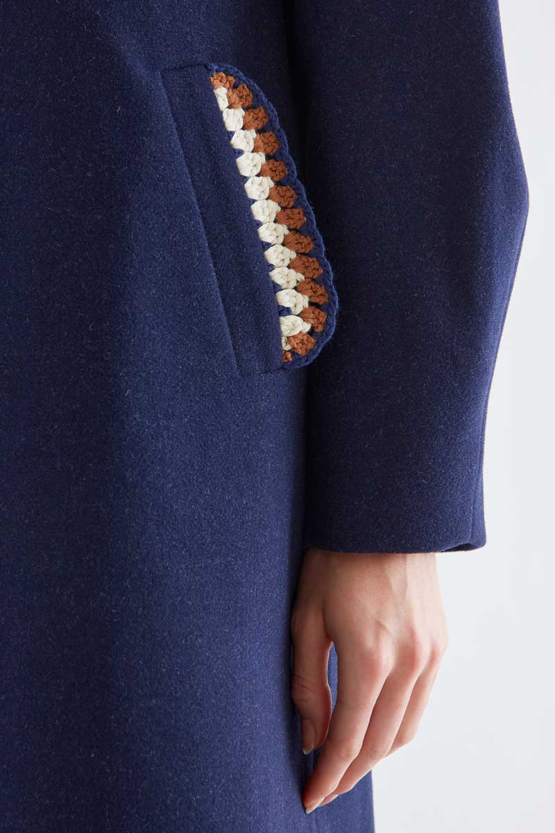 Navy Coat with Crochet Trim