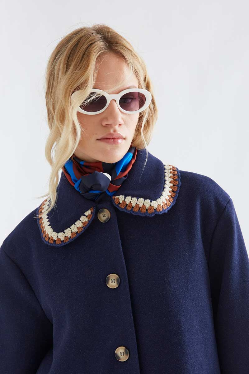 Navy Coat with Crochet Trim