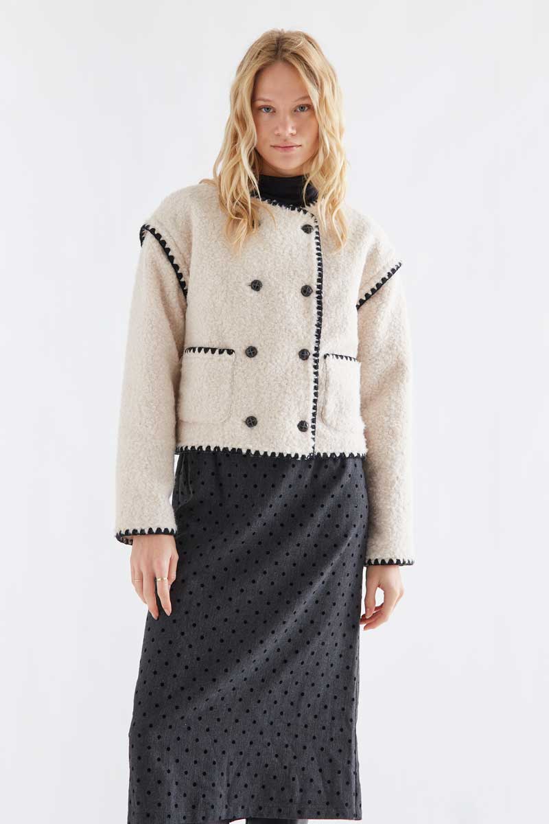 Cream Textured Jacket with Black Trim
