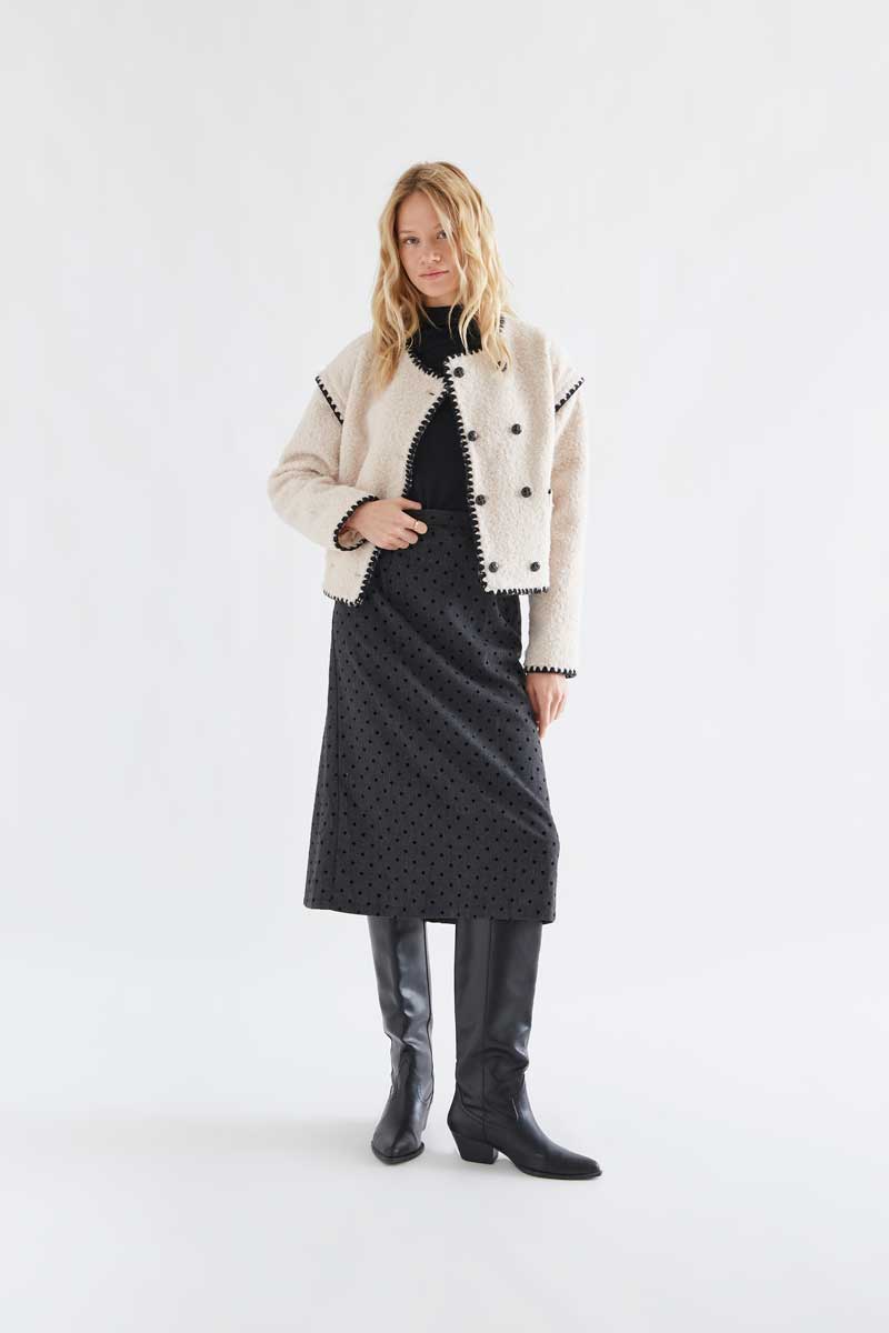 Cream Textured Jacket with Black Trim