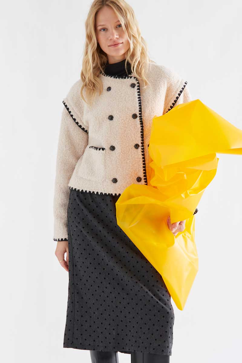 Cream Textured Jacket with Black Trim