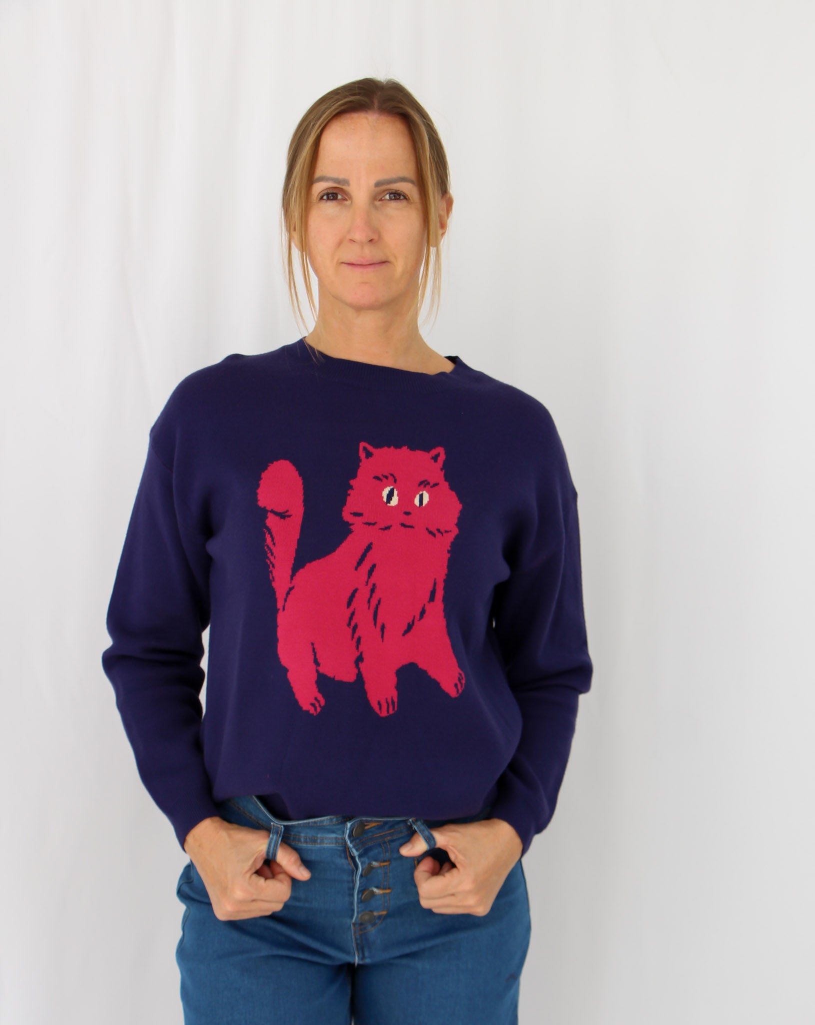 Blue Jumper with Pink Cat.